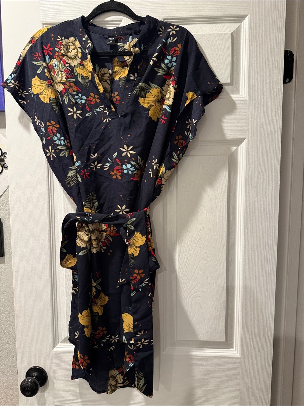 Navy Floral Wrap Dress with Yellow Blooms